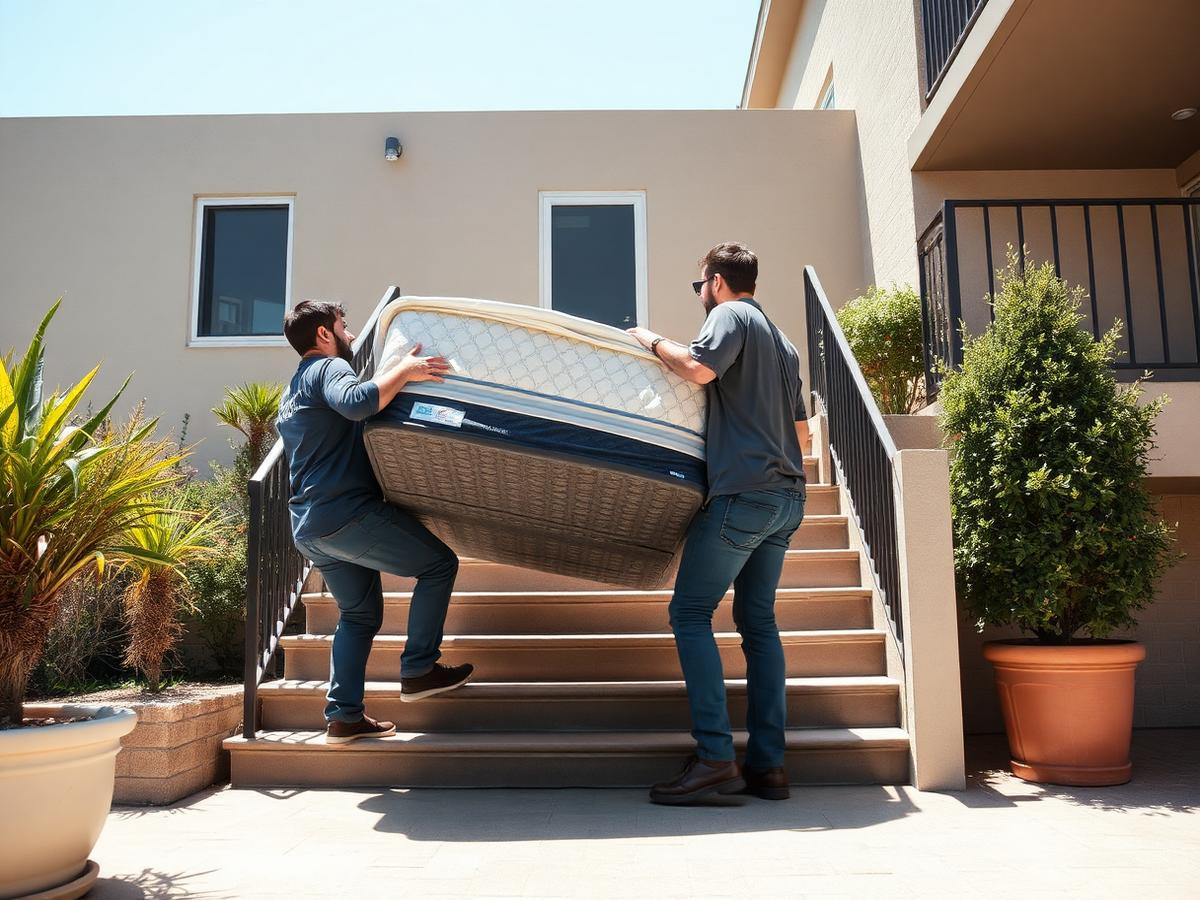 Movers carrying a mattress up an apartment staircase