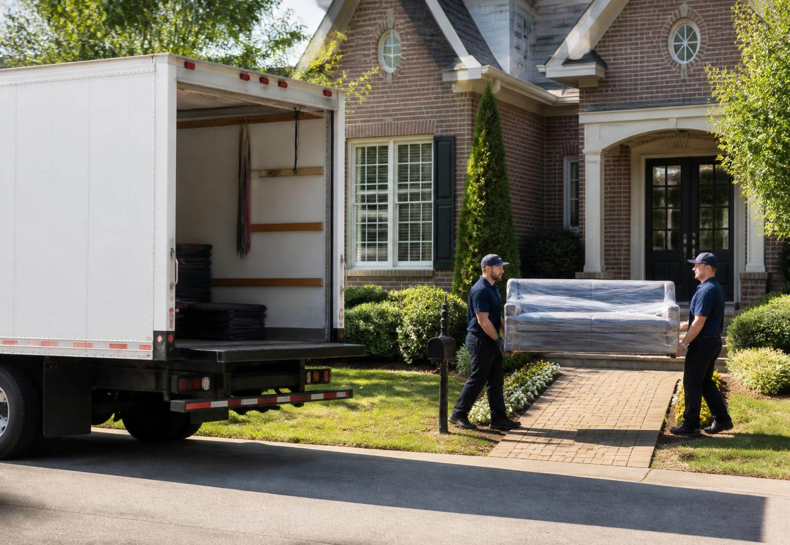 Honky Tonk Moving box truck and uniformed movers outside a Franklin, Tennessee home